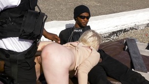 sucking blonde interracial threesome blowjob outdoor uniform