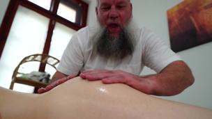 Old masseur with bushy beard licks and bonks client's pussy