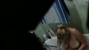 Perverted blond haired nympho was caught while washing herself in bathroom