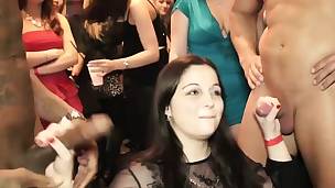 Seductive babes receive fucked at a party